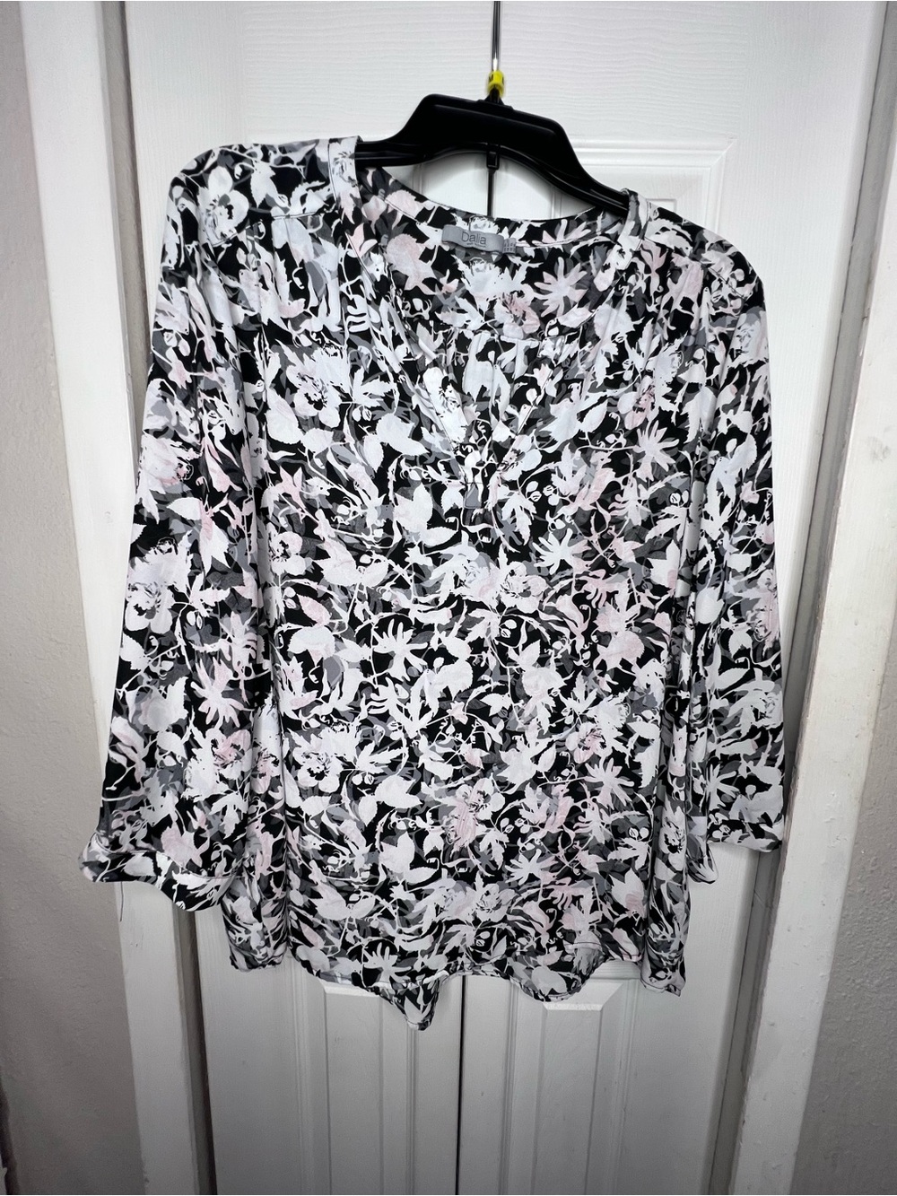 Dalia Black, White & Pale Pink Floral V-Neck Blouse
